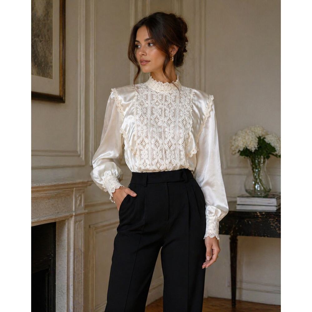 Vintage 80s Victorian Lace Blouse Sonya Ratay for San André M White Romantic